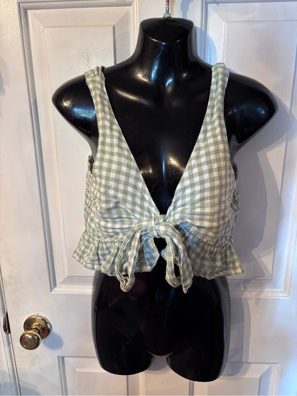 American Eagle Outiftters Green Gingham Ruffle Tie-Front Crop Top